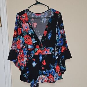 Betsey Johnson -Black Floral Wrap Top with Red & Blue Blooms -SZ  Large